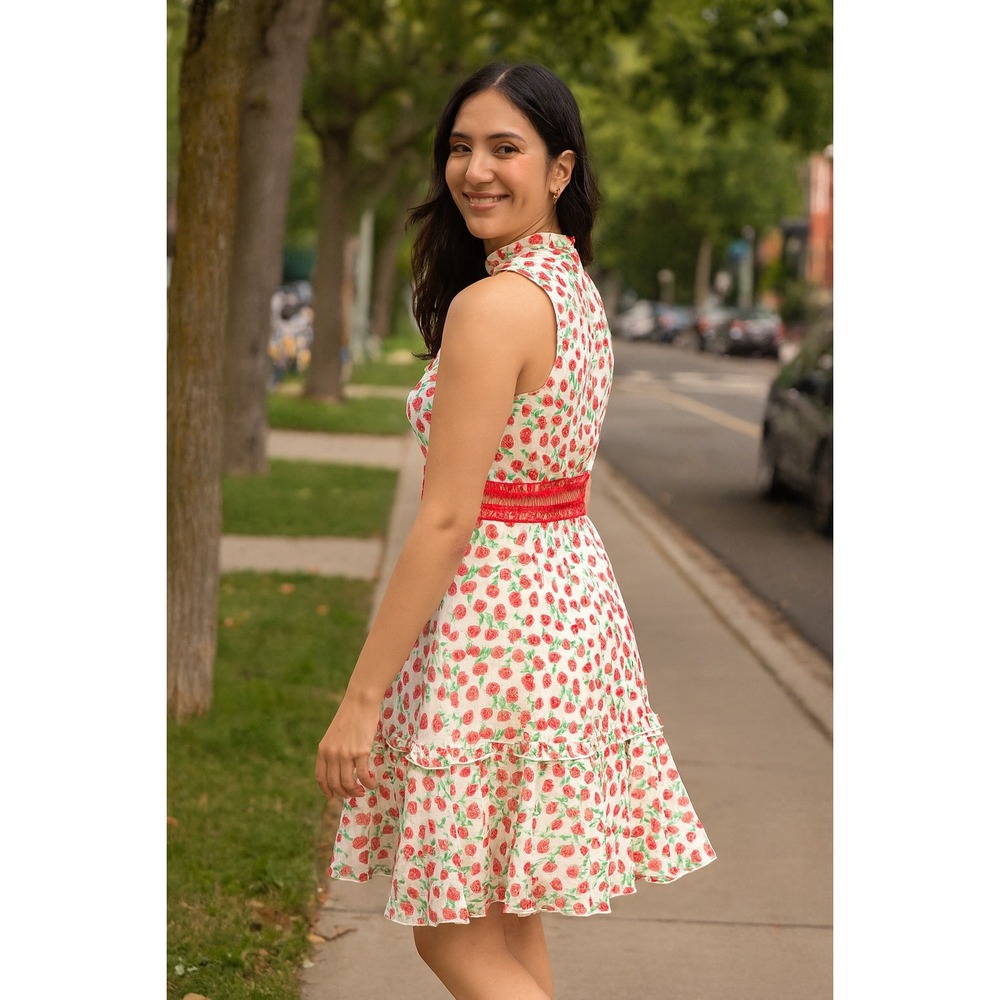 DONNA MORGAN Sleeveless Fit Flare Dress Size 8 Rose Print Ruffled Lace White Red - Picture 2 of 10